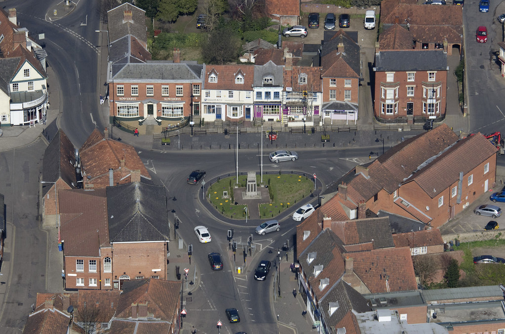 Dereham War Memorial and roundabout - aerial image